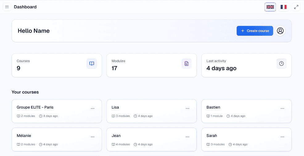 See your courses, modules and recent activity at a glance — then jump into any cohort.
